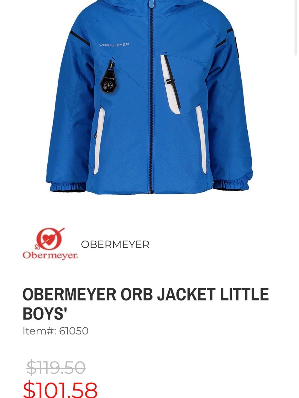 Obermeyer Boys' Blue Puffer Jacket with White Accents